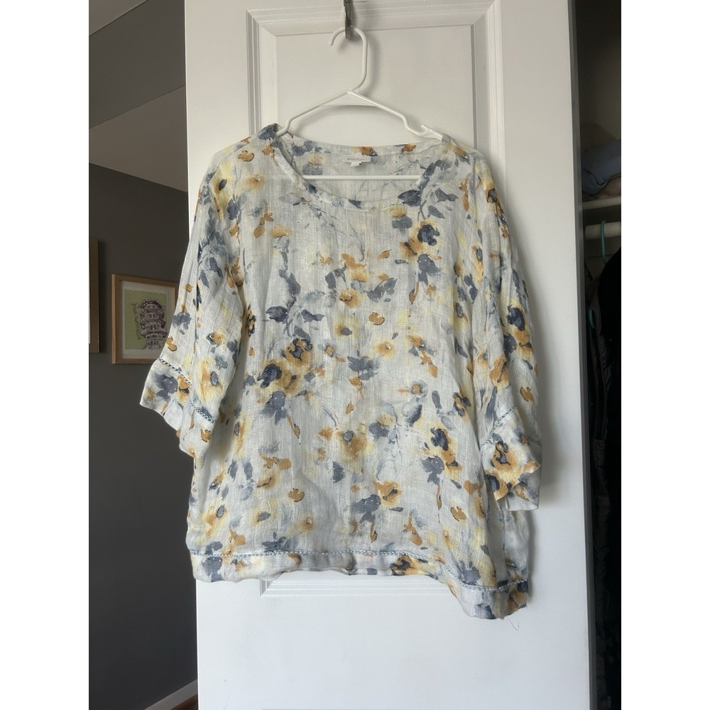 Pure Jill J. Jill Watercolor Floral Linen Gauze 3/4 Sleeve Blouse Size Medium
